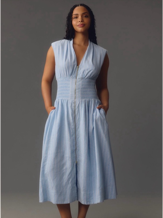 Anthropologie Dresses & Skirts - Anthropologie Women’s Tommie Cap-Sleeve Smocked Front-Zip Shirt Dress Size Large